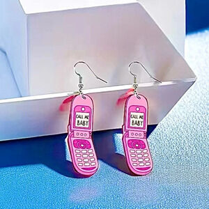 Cartoon Flip Cell Phone “Call Me Baby” Y2K Dangle Acrylic Earrings NEW